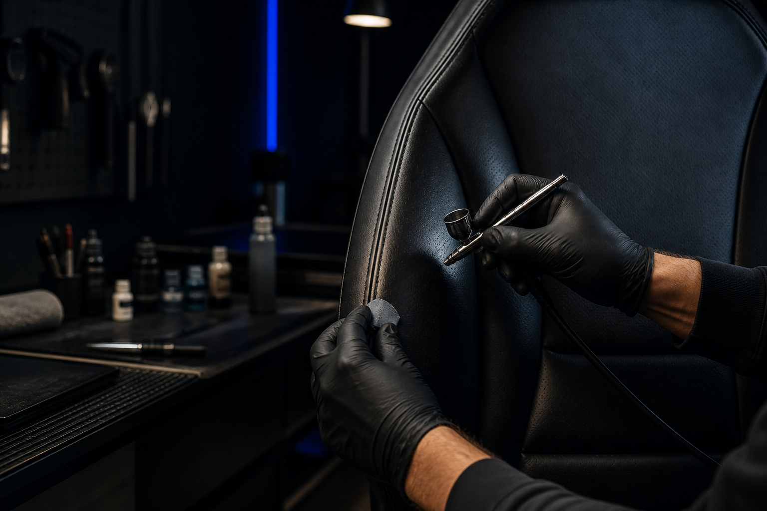 A repair technician precision-finishing a black leather vehicle seat